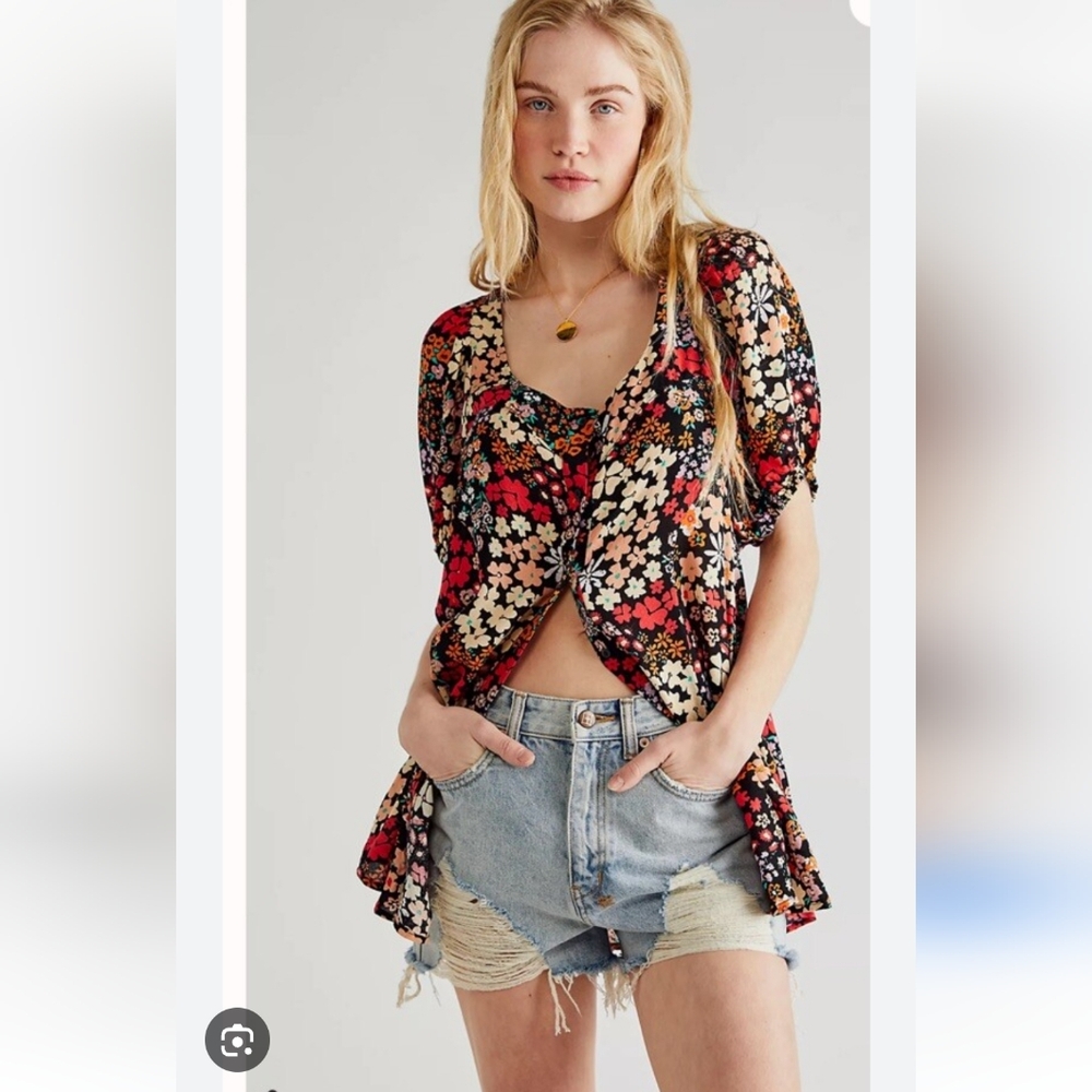 .Free People Callie Printed Floral Button Front Tunic Top/dress Sz M EUC
